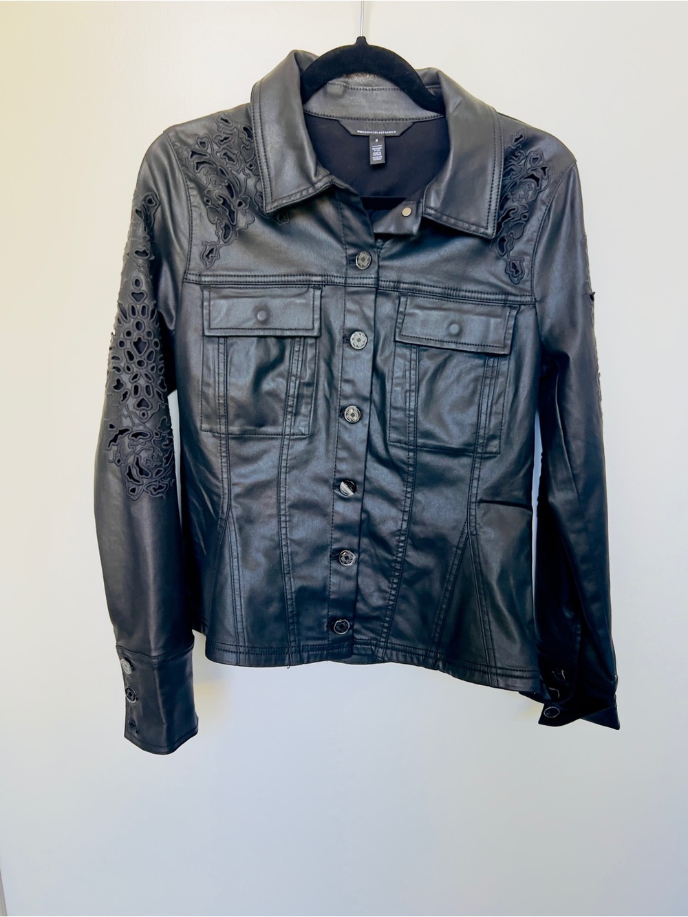Black Faux Leather Button-Front Jacket with Laser-Cut Detail
